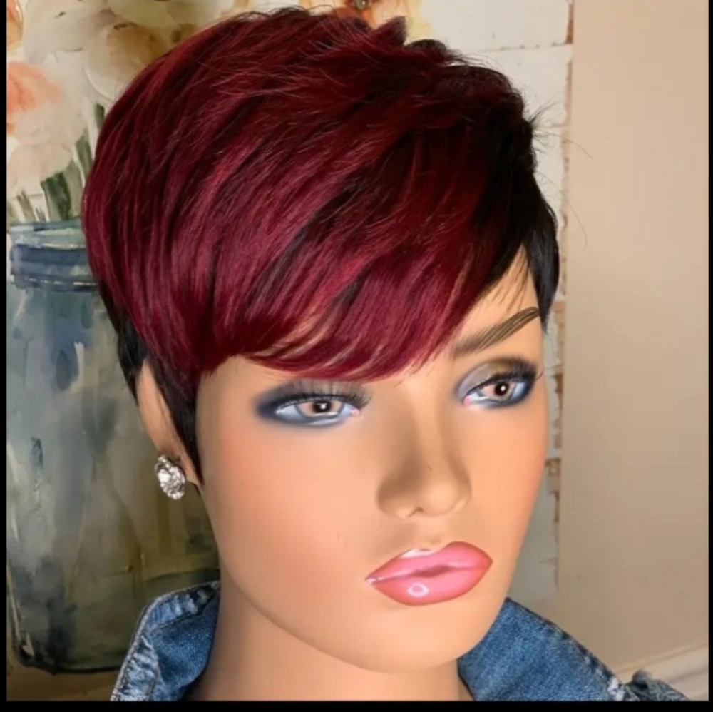 Women's Red and Black Straight Pixie Synthetic Hair Wig